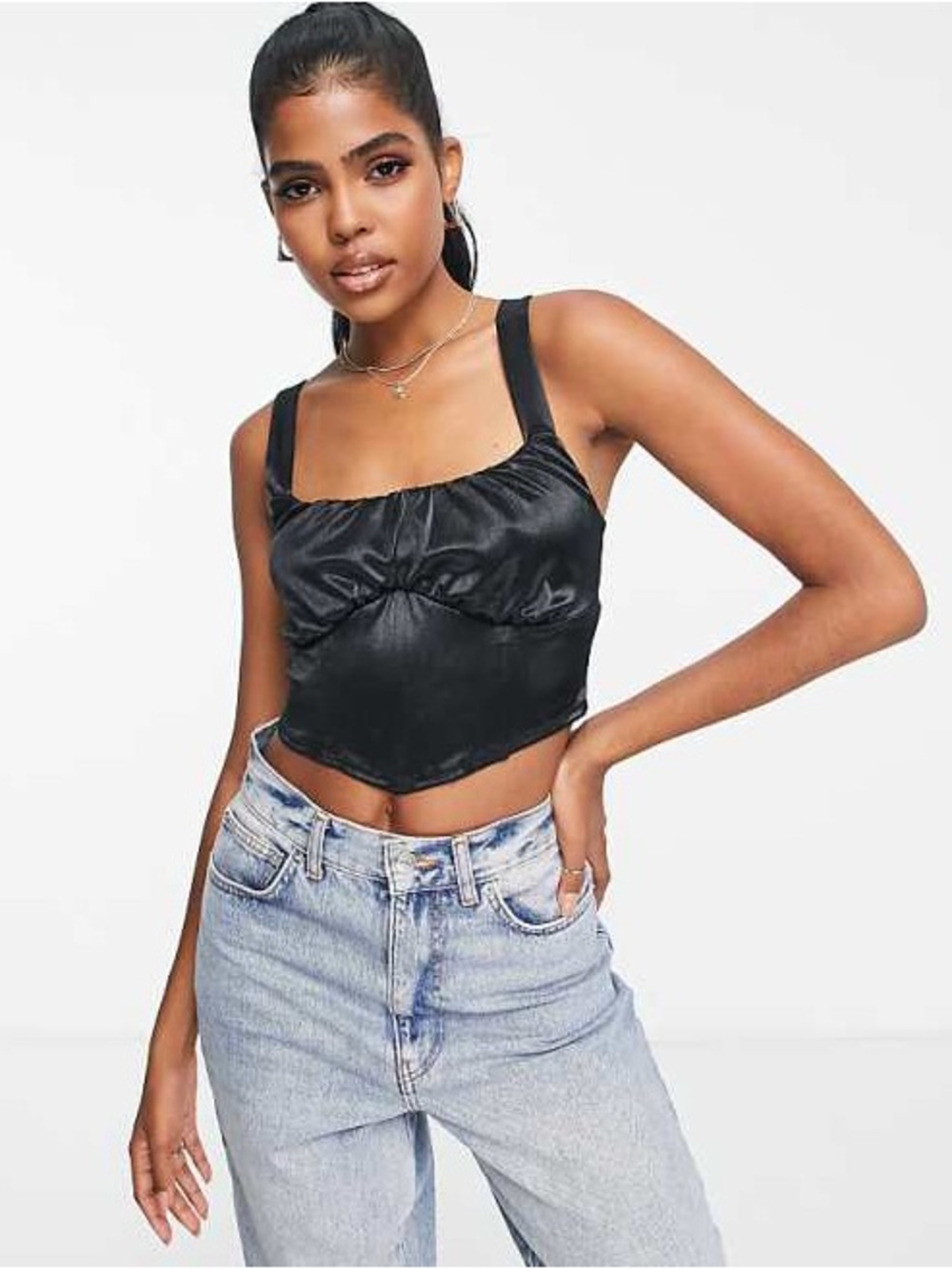 ASOS Black Ruched Front Satin Corset Crop Top